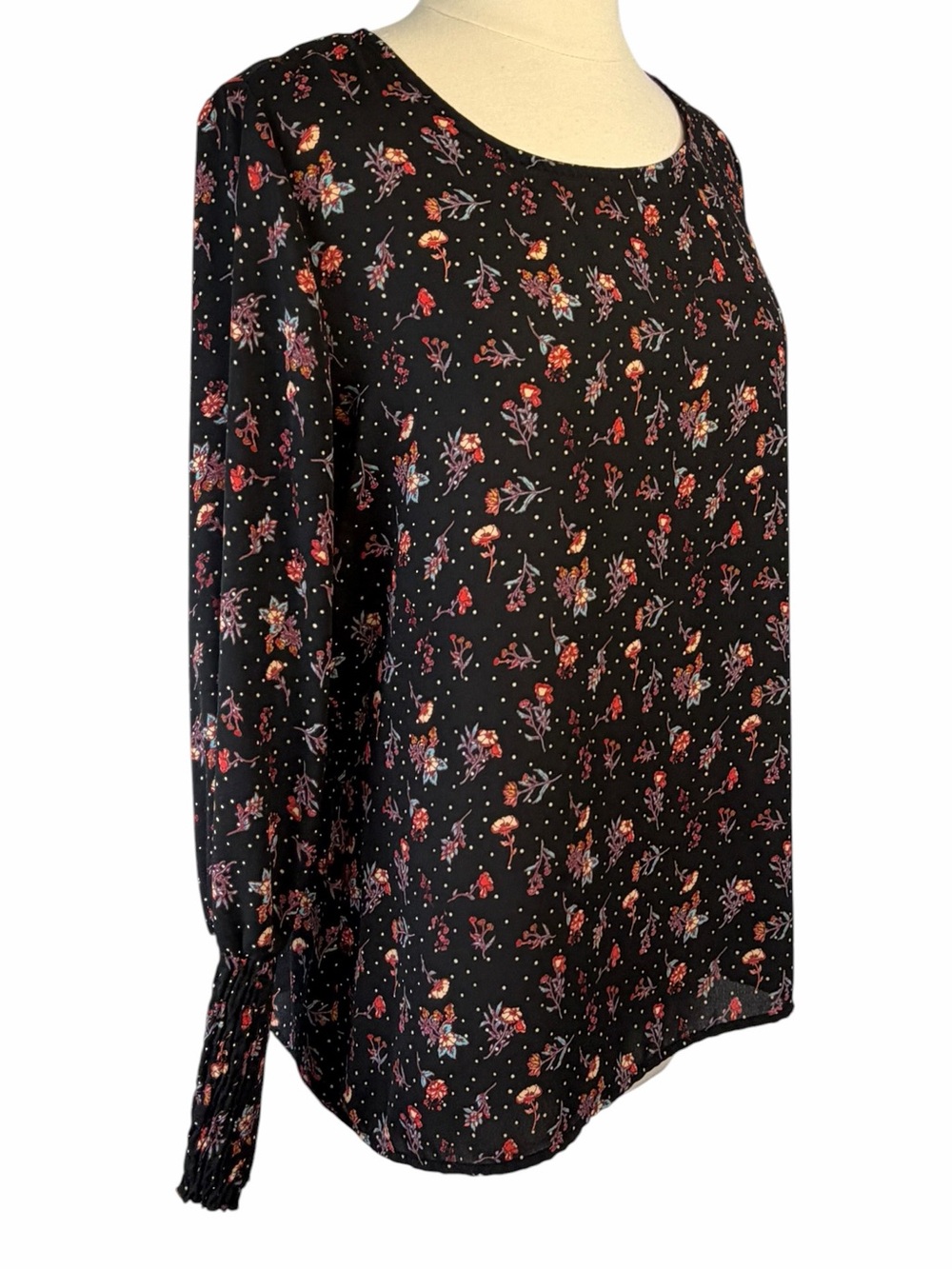 Anthropologie Pleione Top Flowy Scoop Neck Long Sleeve Floral Print Black - Picture 3 of 15